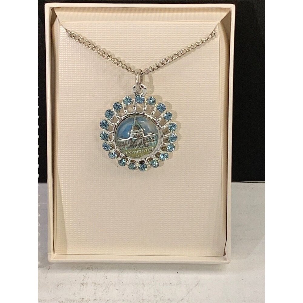 Silver Tone Curb Chain Necklace & Washington DC Pendant W/Blue Rhinestones (905) - Picture 2 of 4